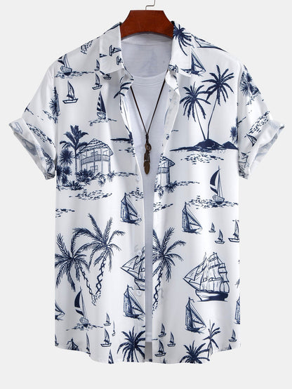 Island-Inspired Sailing Print Button-Up Shirt with Straight Leg Ribbed Pants