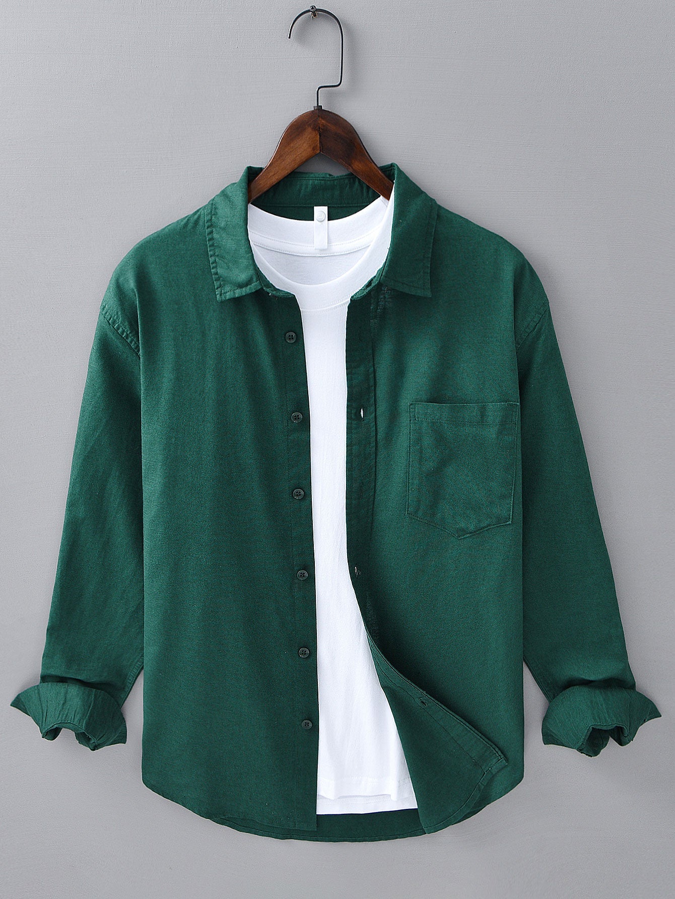 Pocketed Long Sleeve Linen-Cotton Blend Shirt