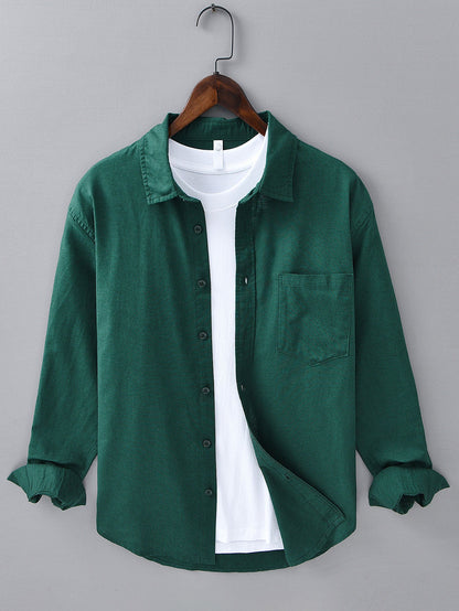 Pocketed Long Sleeve Linen-Cotton Blend Shirt