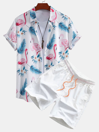 Flamingo Leaf Pattern Button-Up Shirt and Swim Shorts Set