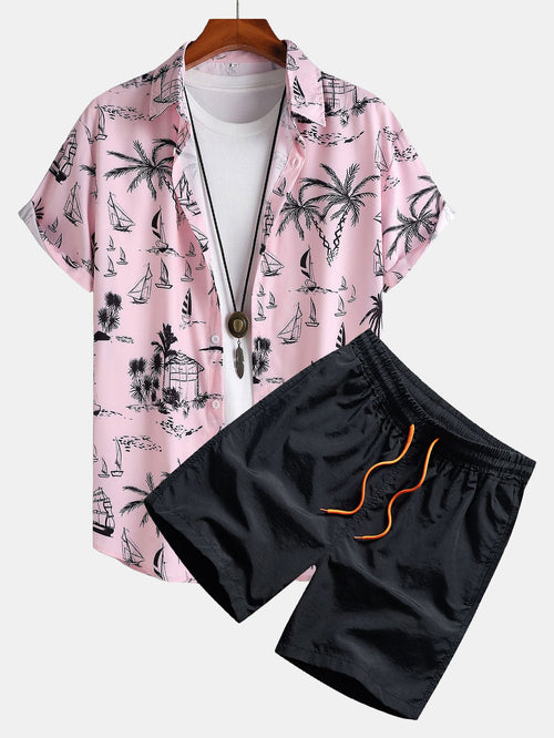 Palm Tree Sailboat Print Button-Up Shirt with Matching Swim Shorts