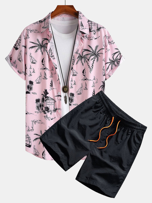 Palm Tree Sailboat Print Button-Up Shirt with Matching Swim Shorts