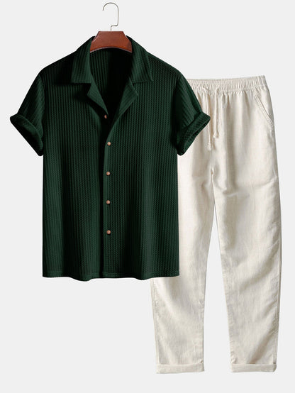 Short Sleeve Waffle Knit Cuban Shirt with Straight Leg Linen Trousers