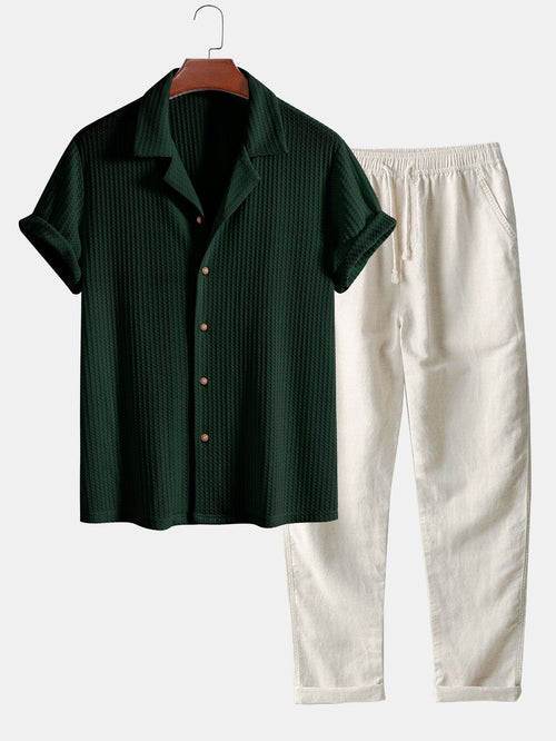 Short Sleeve Waffle Knit Cuban Shirt with Straight Leg Linen Trousers