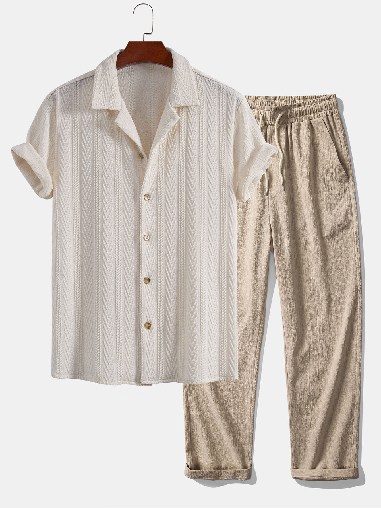 Textured Jacquard Cuban Shirt with Wrinkle-Resistant Straight Leg Pants