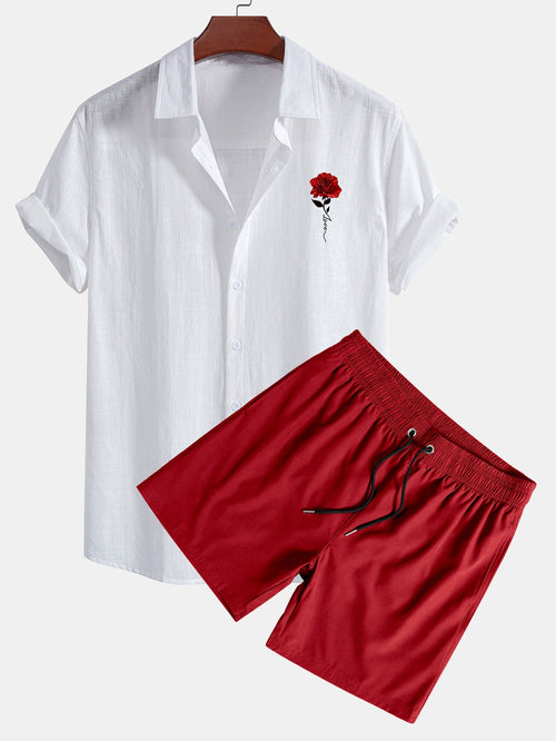 Red Rose Print Cotton Button-Up Shirt with Linen Feel & Matching Swim Shorts
