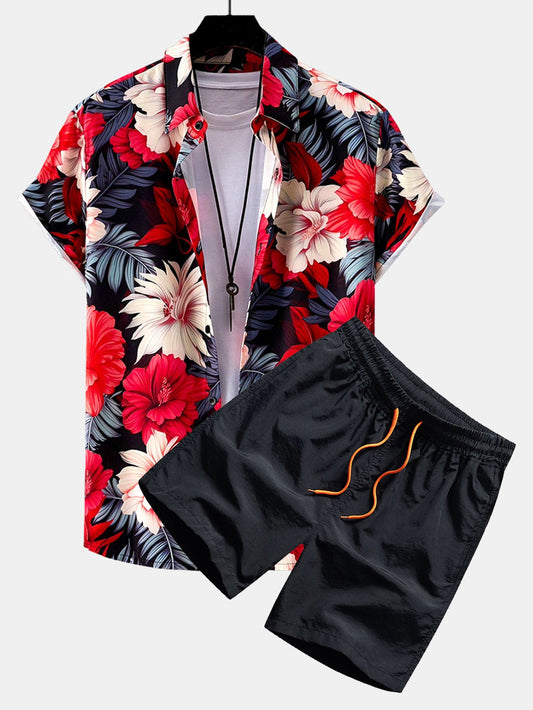 Tropical Floral Print Button-Up Shirt with Matching Swim Shorts