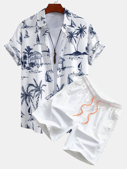 Island-Inspired Sailing Print Button-Up Shirt & Swim Shorts Set