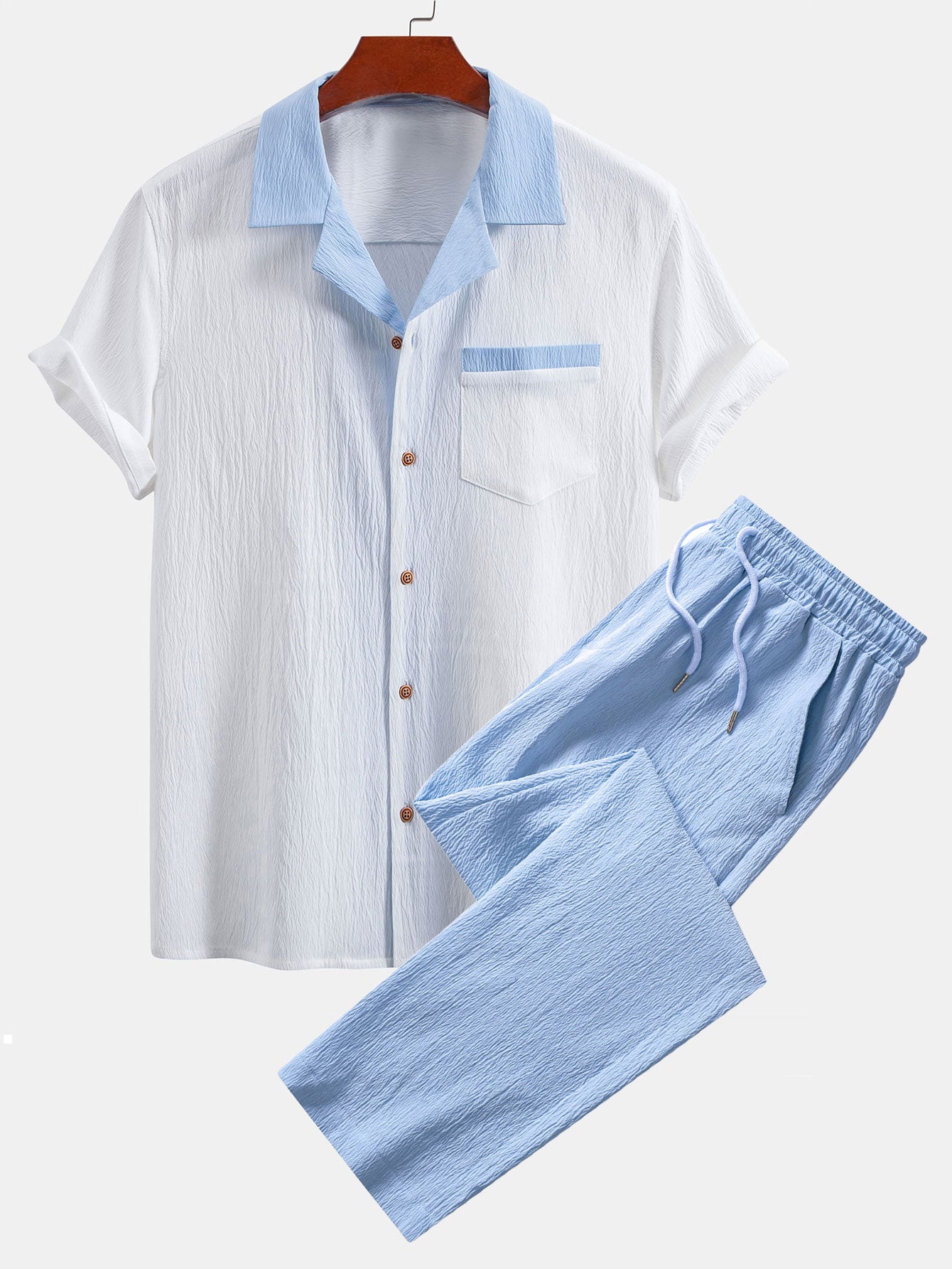 Textured Cuban Shirt with Contrasting Details & Straight Leg Trousers