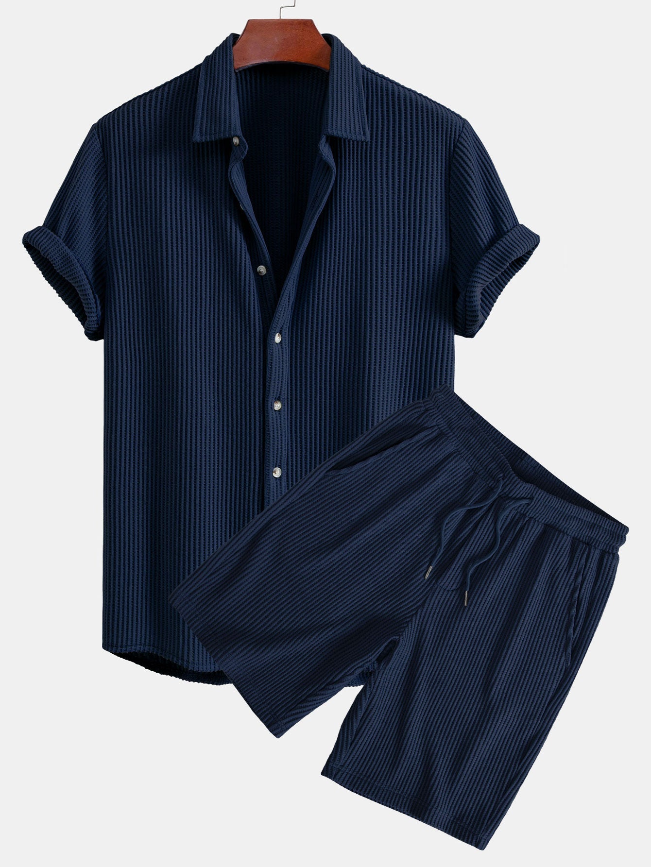 Waffle Button-Up Shirt with Matching Drawstring Waffle Shorts