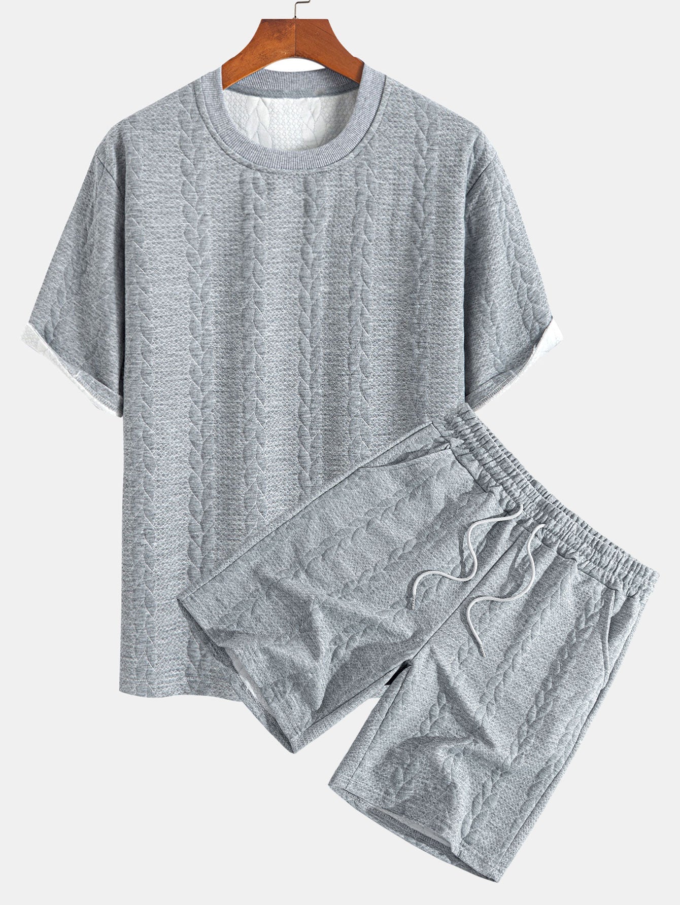 Relaxed Fit Mid-Length Sleeve Twisted Jacquard Tee & Shorts Set