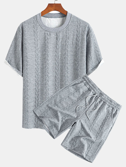 Relaxed Fit Mid-Length Sleeve Twisted Jacquard Tee & Shorts Set