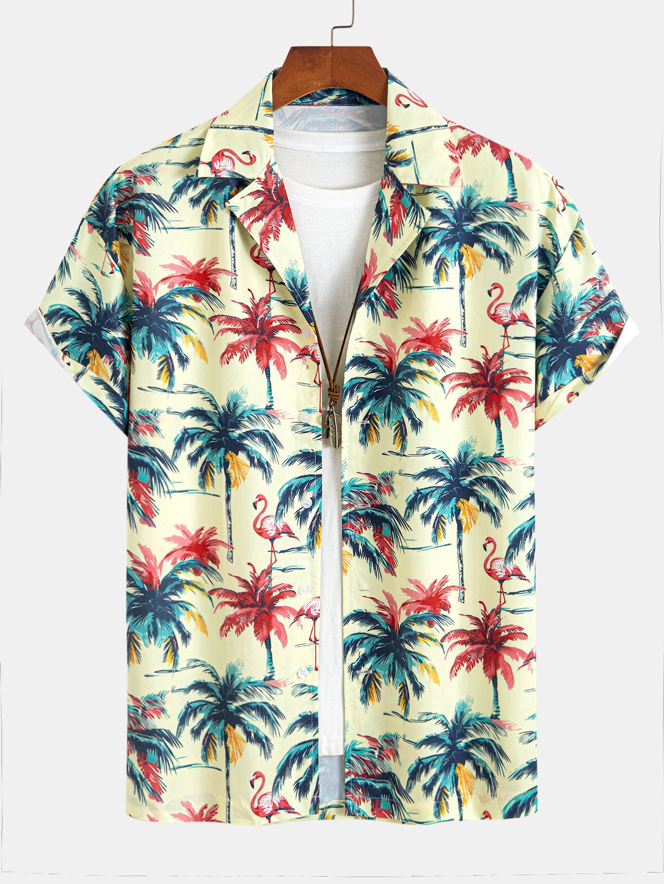 Relaxed Fit Flamingo Tropical Palm Tree Print Button-Up Shirt and Swim Shorts