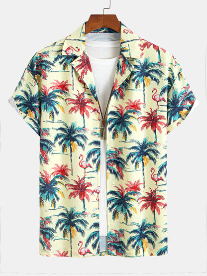 Relaxed Fit Flamingo Tropical Palm Tree Print Button-Up Shirt and Swim Shorts