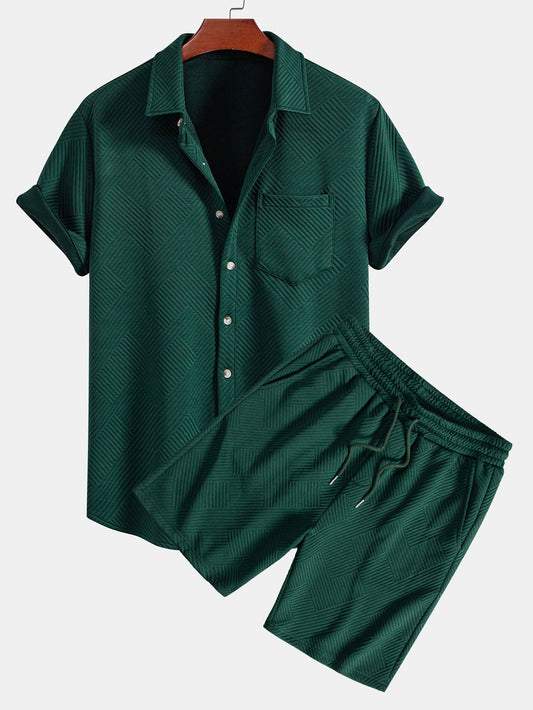 Striped Jacquard Button-Up Shirt and Shorts Set