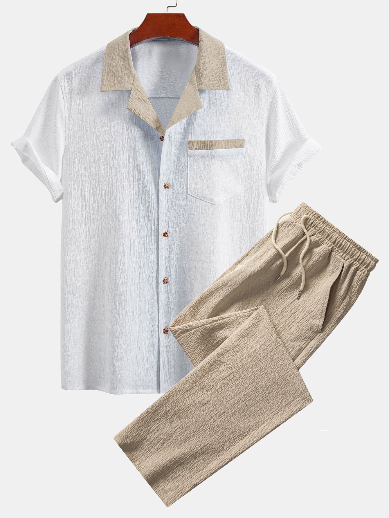 Textured Cuban Shirt with Contrasting Details & Straight Leg Trousers