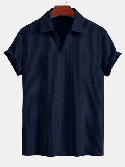 V-Neck Ribbed Polo with Short Sleeves & Drawstring Ribbed Shorts
