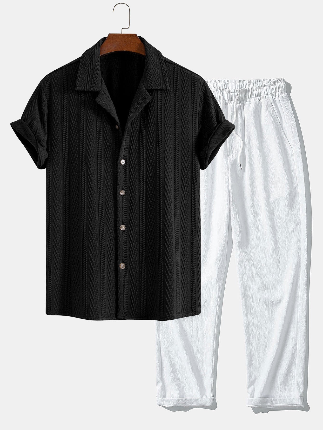 Textured Jacquard Cuban Shirt with Wrinkle-Resistant Straight Leg Pants