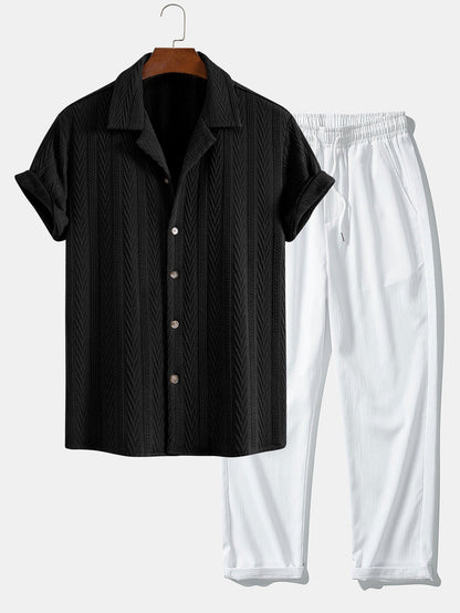 Textured Jacquard Cuban Shirt with Wrinkle-Resistant Straight Leg Pants