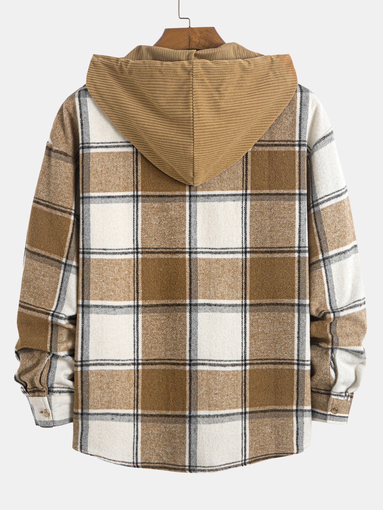Comfortable Contrast Corduroy Plaid Hooded Shirt