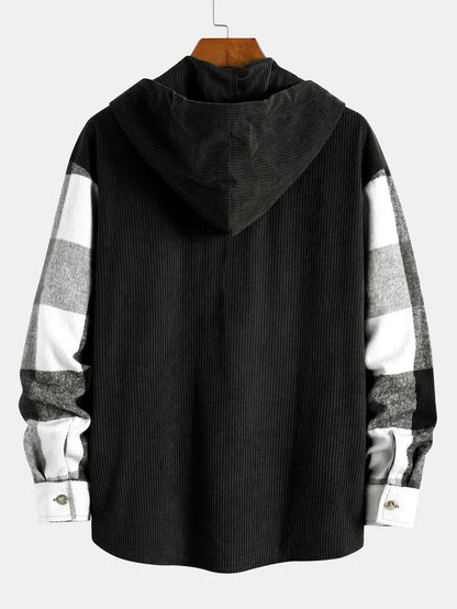 Cozy Plaid Corduroy Patchwork Hooded Shirt with Relaxed Fit