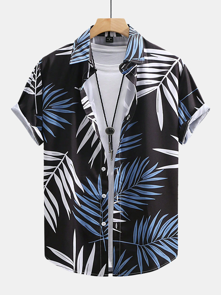Tropical Leaf Print Button-Up Shirt and Swim Shorts Set