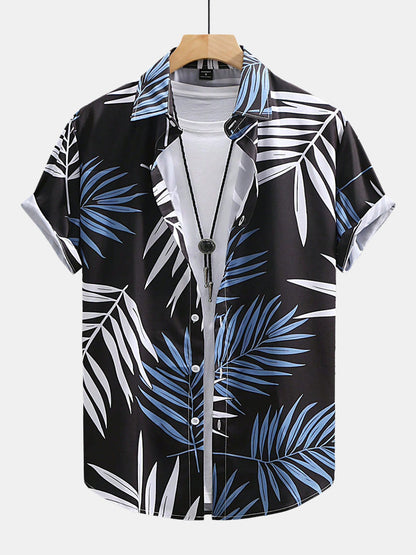 Tropical Leaf Print Button-Up Shirt and Swim Shorts Set