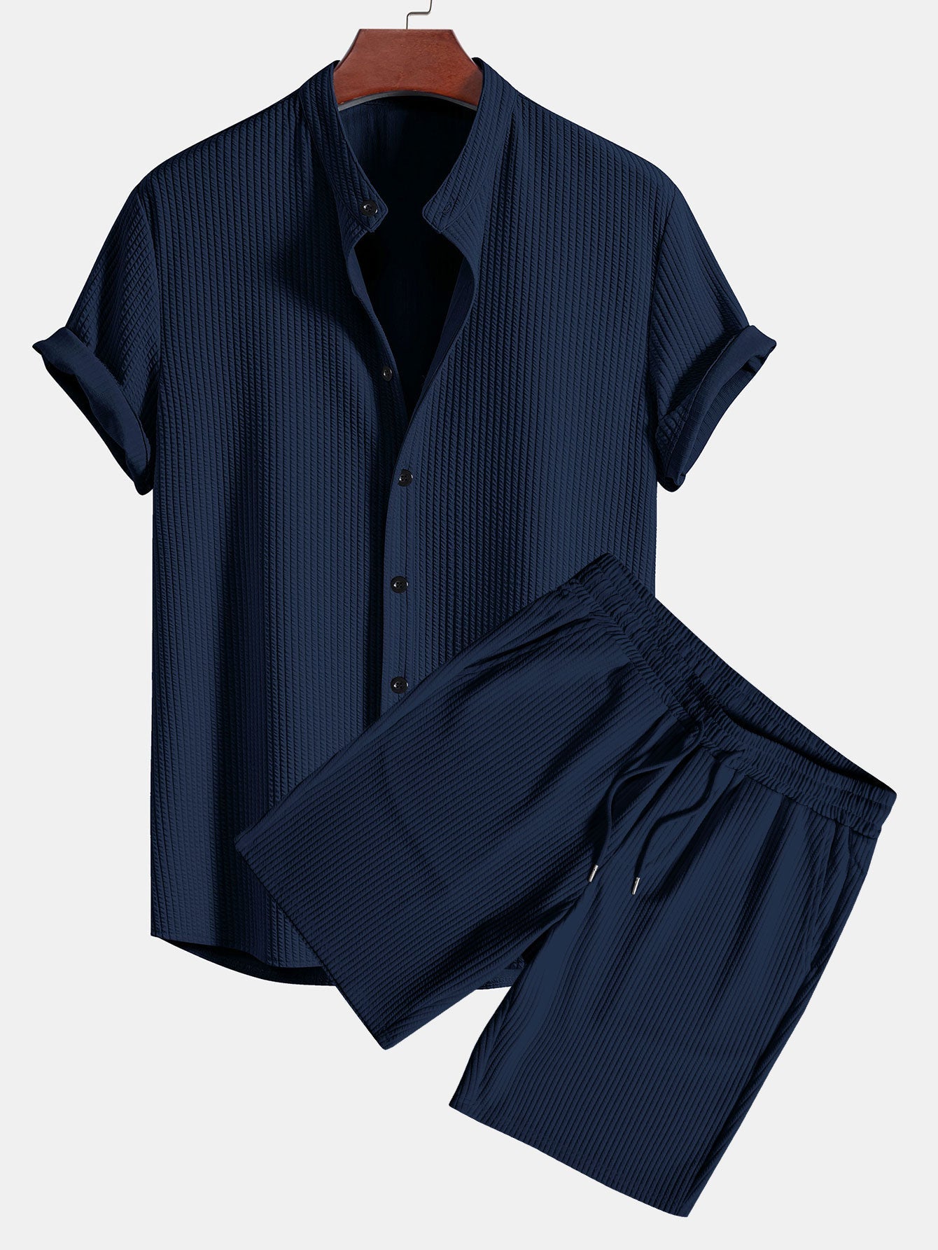 Ribbed Muscle Fit Stand Collar Shirt and Shorts Set