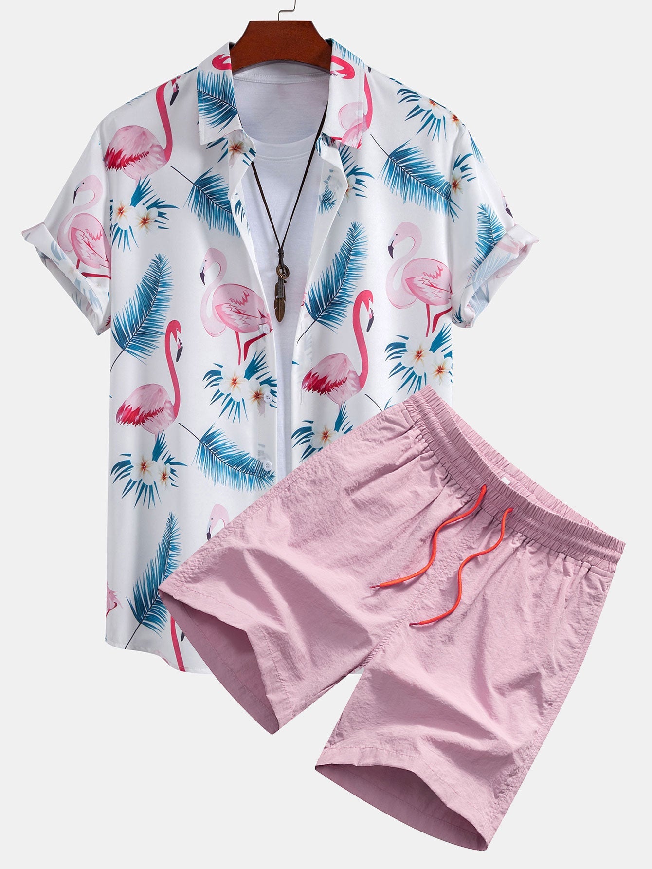 Flamingo Leaf Pattern Button-Up Shirt and Swim Shorts Set