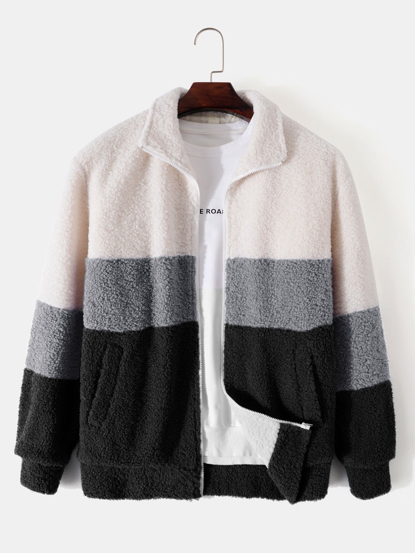 Color-Blocked Teddy Fleece Zip-Up Jacket
