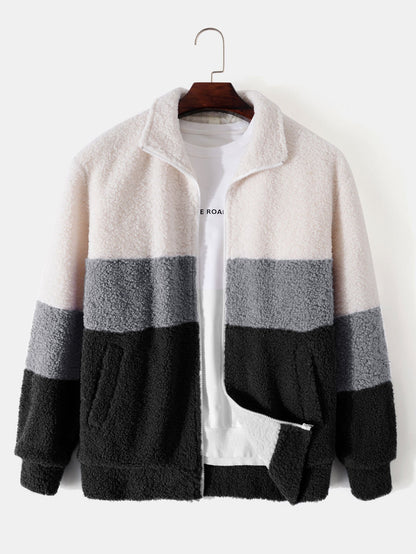 Color-Blocked Teddy Fleece Zip-Up Jacket