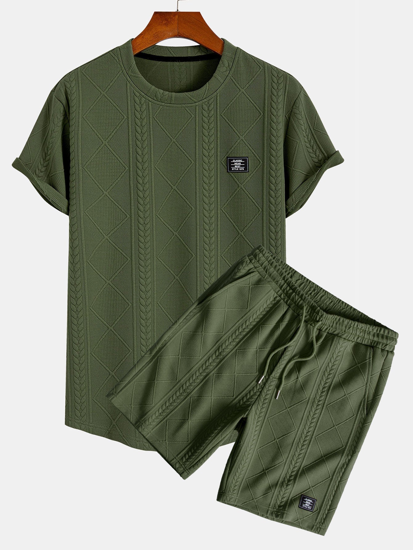 Geometric Jacquard Arc Hem T-Shirt and Shorts Set with Short Sleeves