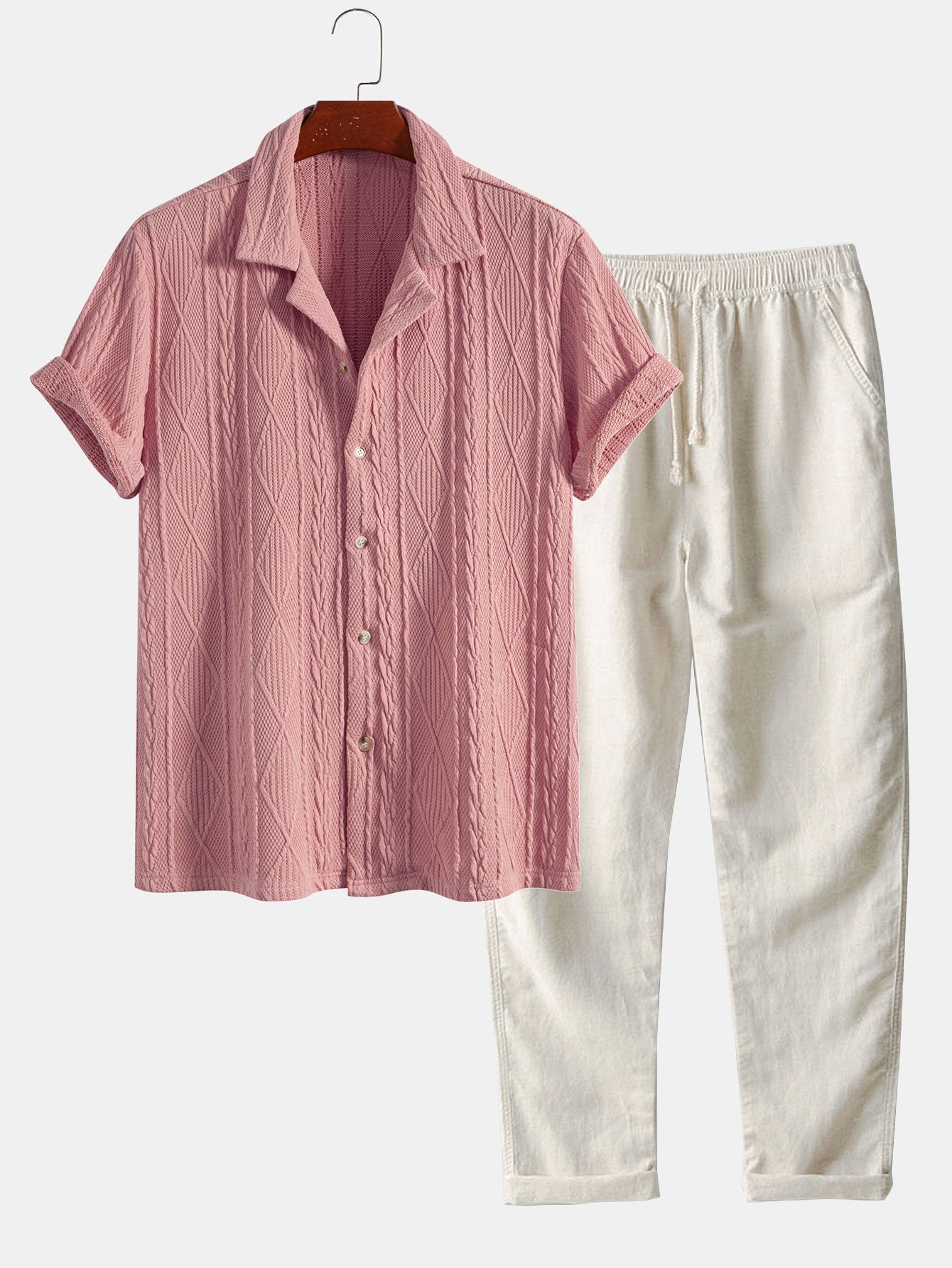 Geometric Knit Cuban Shirt with Straight-Leg Linen Trousers