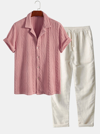 Geometric Knit Cuban Shirt with Straight-Leg Linen Trousers