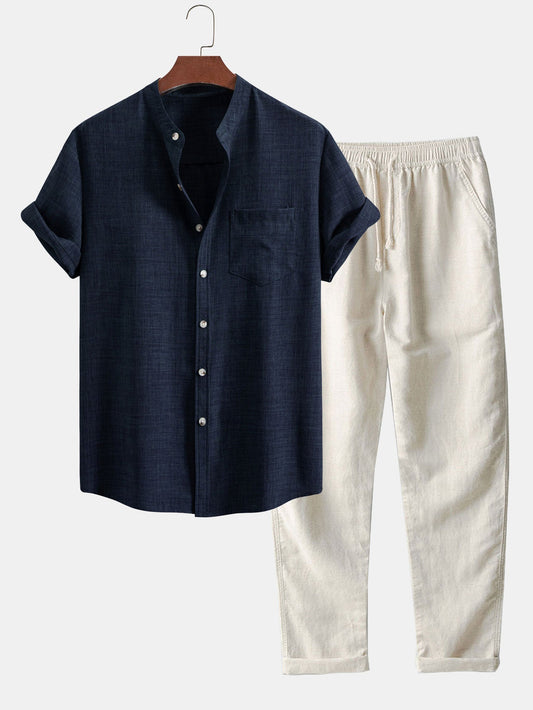 Short Sleeve Stand Collar Top & Straight Leg Linen Trousers