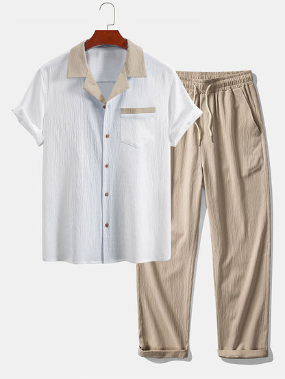 Textured Cuban Shirt with Contrasting Details & Straight Leg Trousers