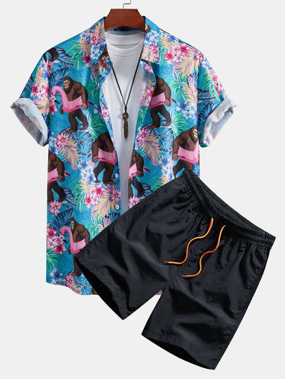 Tropical Print Button-Up Shirt & Swim Shorts Featuring Orangutans