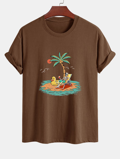 Regular Fit Cotton T-Shirt with Skeleton Vacation Print
