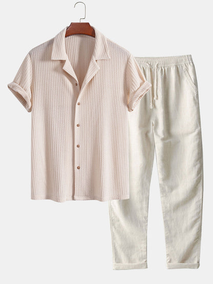 Short Sleeve Waffle Knit Cuban Shirt with Straight Leg Linen Trousers