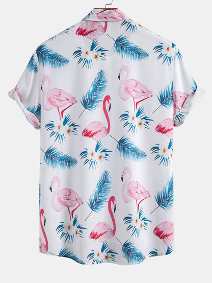 Flamingo Leaf Pattern Button-Up Shirt and Swim Shorts Set
