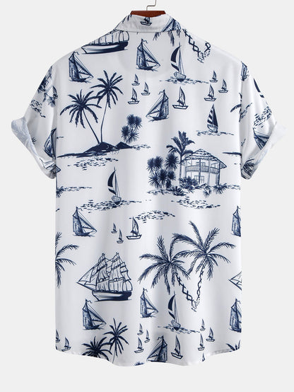 Island-Inspired Sailing Print Button-Up Shirt with Straight Leg Ribbed Pants