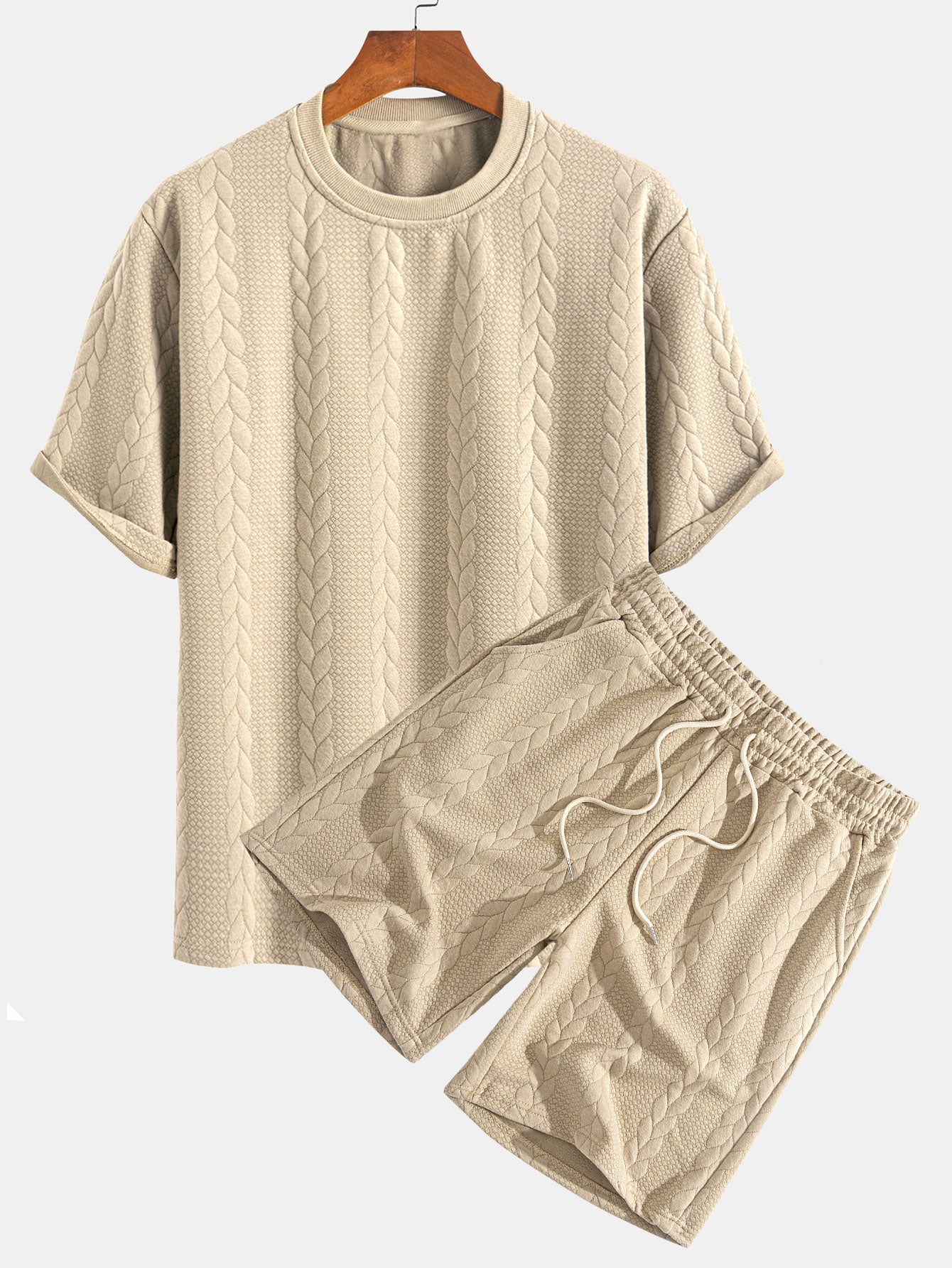 Relaxed Fit Mid-Length Sleeve Twisted Jacquard Tee & Shorts Set
