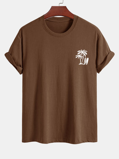 Classic Fit Cotton T-Shirt with Palm Tree Surfboard Design