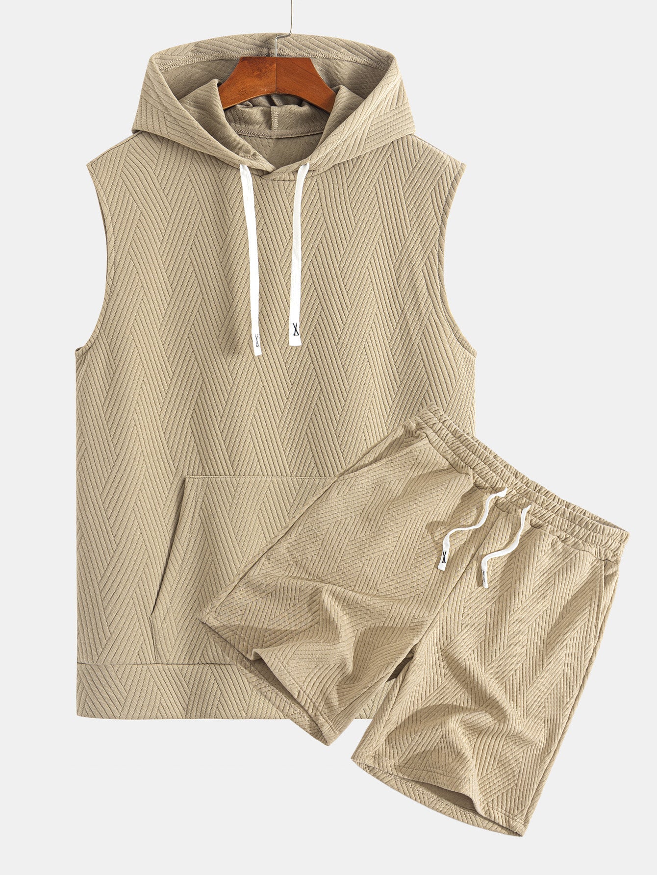 Striped Jacquard Sleeveless Hoodie and Shorts Set