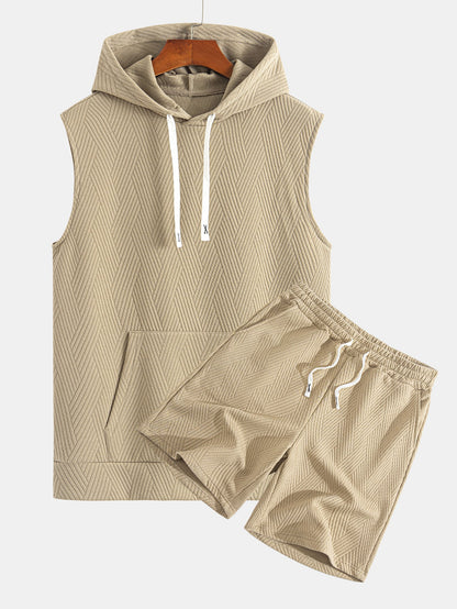 Striped Jacquard Sleeveless Hoodie and Shorts Set