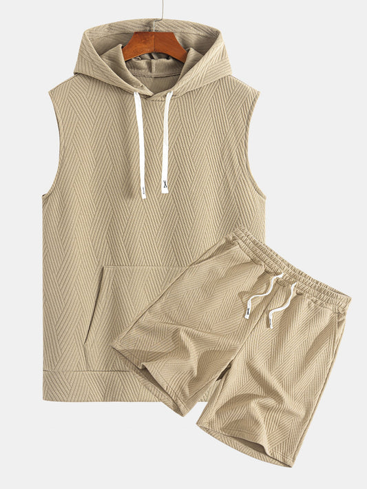 Striped Jacquard Sleeveless Hoodie and Shorts Set