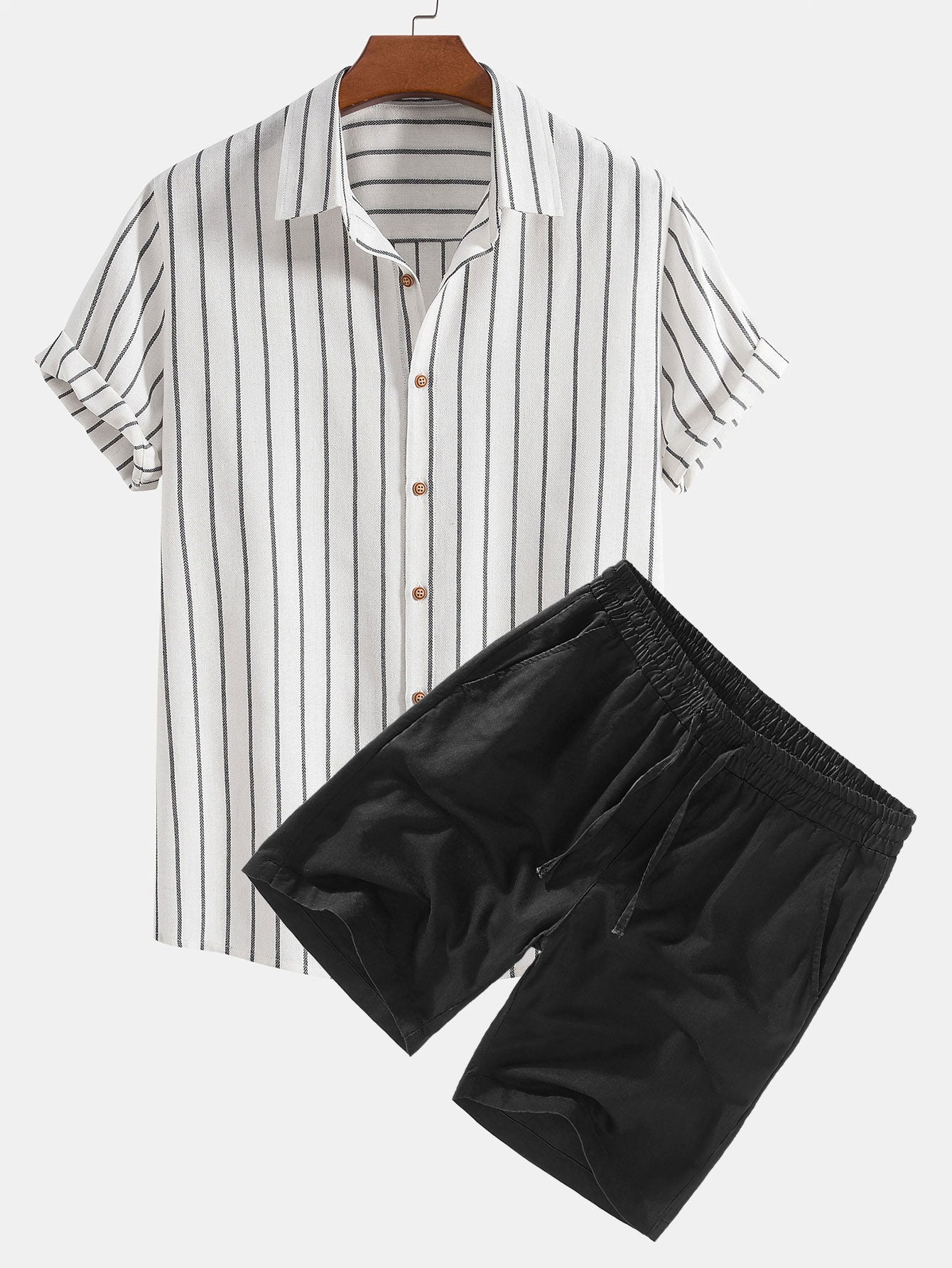 Striped Button-Up Shirt in Cotton Blend with Linen Drawstring Shorts