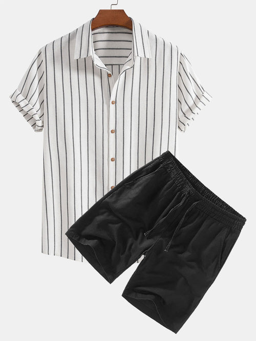 Striped Button-Up Shirt in Cotton Blend with Linen Drawstring Shorts