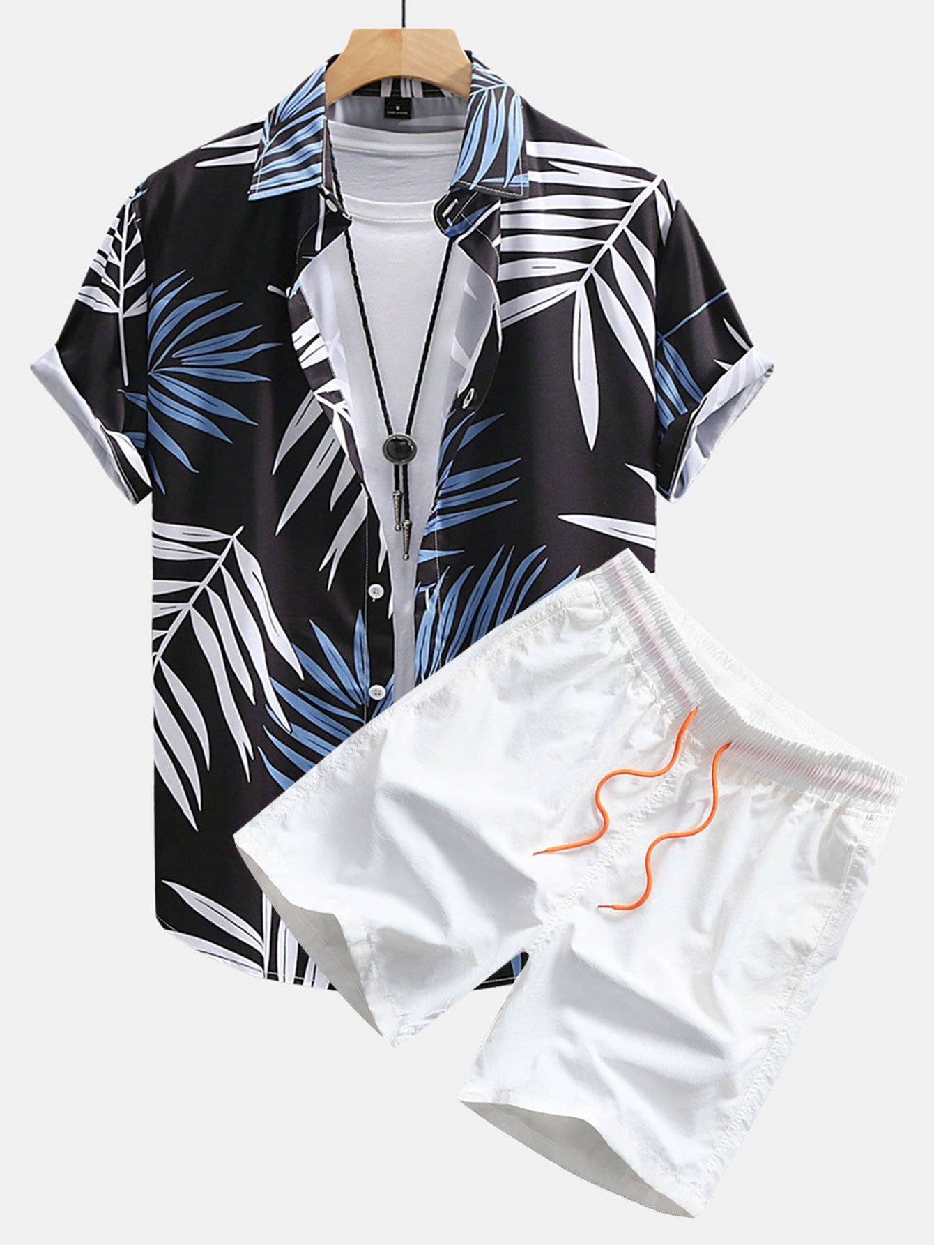 Tropical Leaf Print Button-Up Shirt and Swim Shorts Set