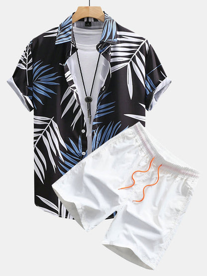 Tropical Leaf Print Button-Up Shirt and Swim Shorts Set